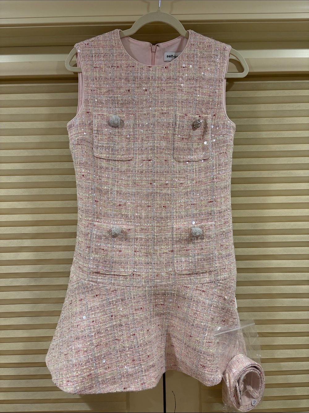 NWOT Self-Portrait Pink Tweed Sleeveless Belted Mini Dress, Size US 6 - Picture 7 of 16